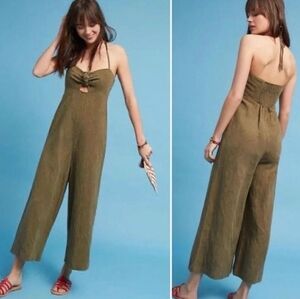 Elevenses Anthropologie Tropicale Linen Blend Jumpsuit Olive Green Wide Leg